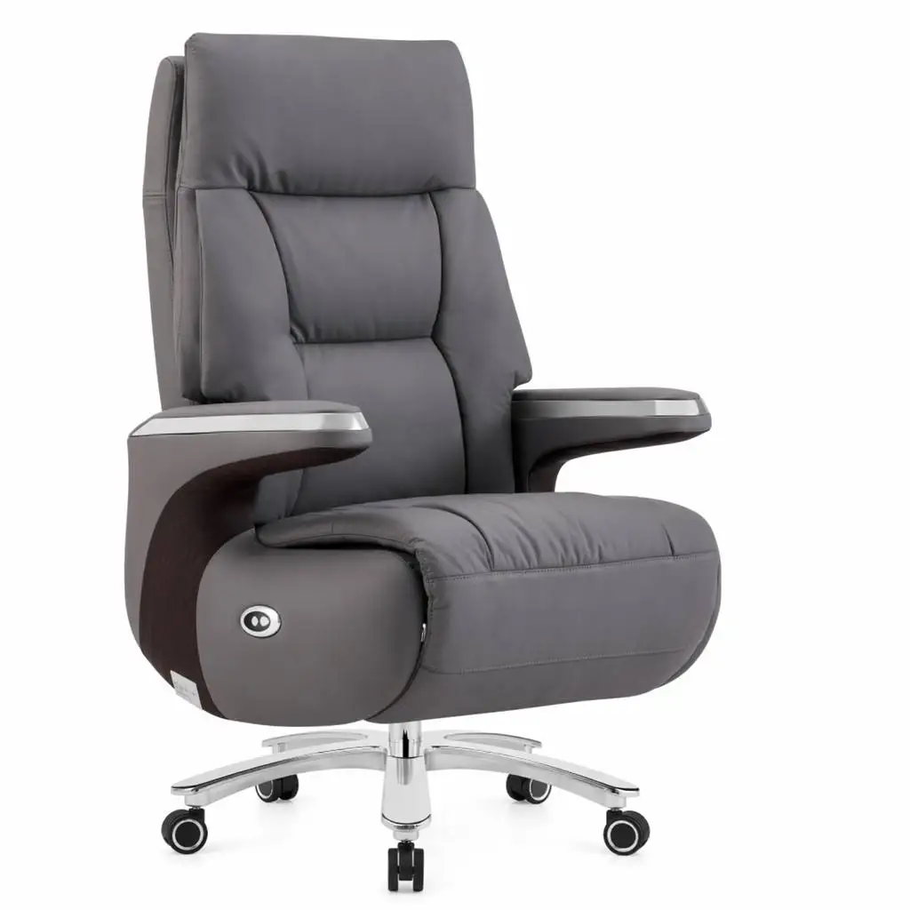 High Back Executive Genuine Leather Boss Chair Voice Control Massage USB Charging Silent Motor 360mm Chrome Base OEM Custom