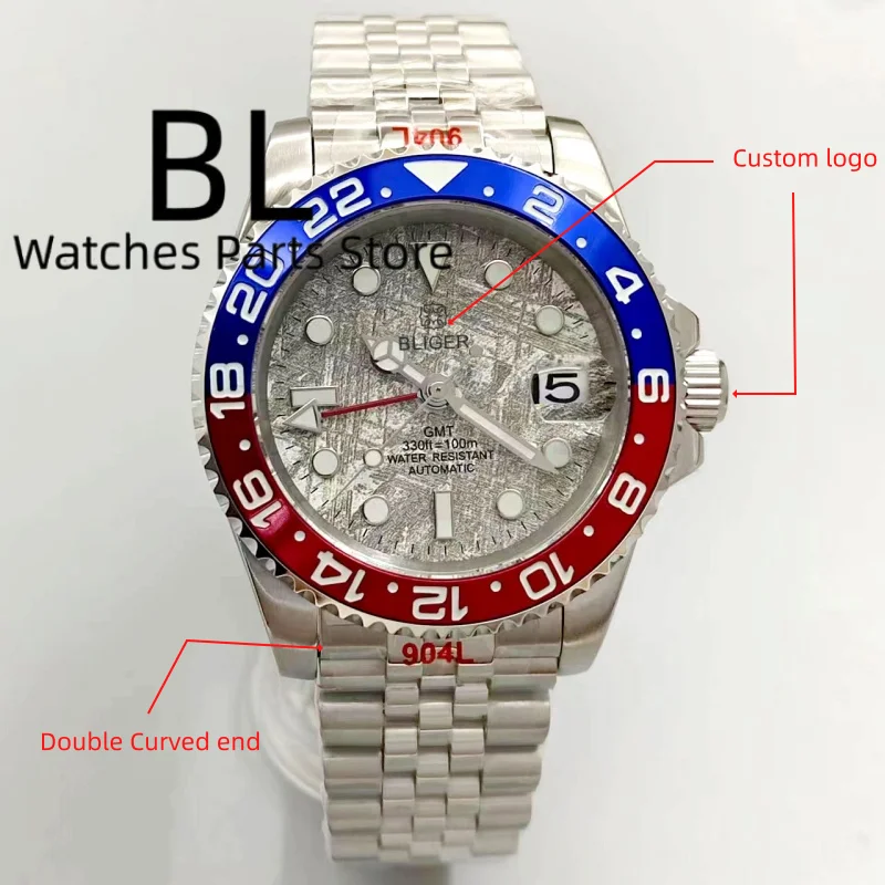 BLIGER Meteorite Dial Watch For Men 40mm NH34 GMT Reloj Blue Waterproof Green Luminous Sappire Glass Stainless Steel Strap Date