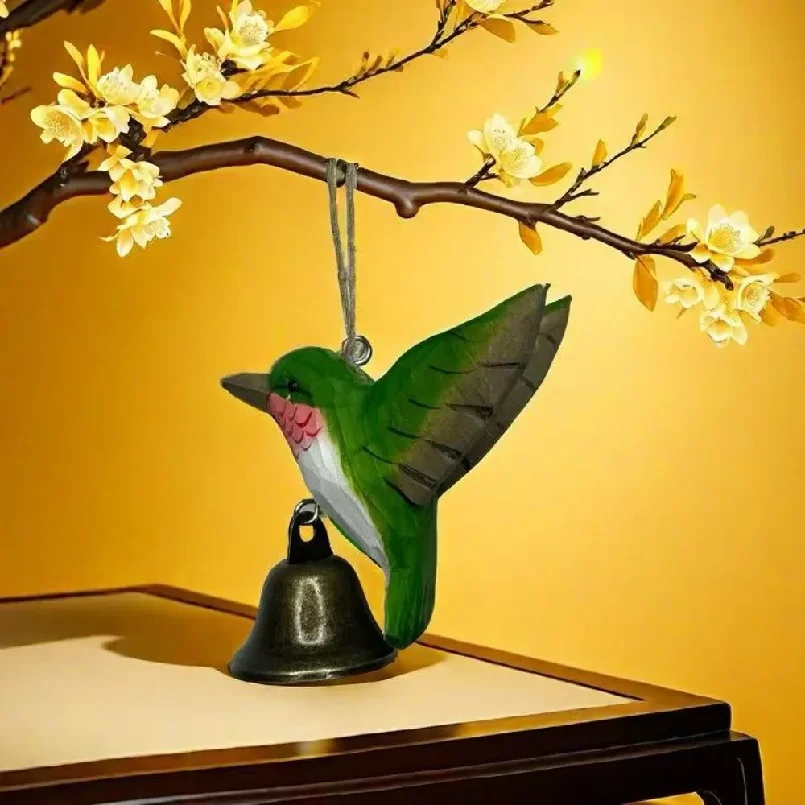 Hand-Carved Hummingbird Figurine Wooden with Bell Flying Bird Sculpture with Soothing Sound Wood Grain Wind Chime Pendant