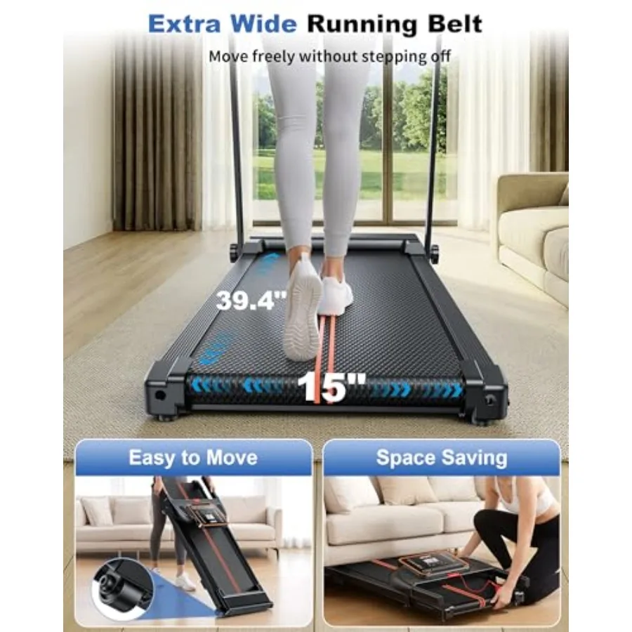 Home Use Walking Pad Treadmill - Foldable Under-Desk Design with Handle Bar, Black Aluminum Alloy, Quiet Operation and Lightwei