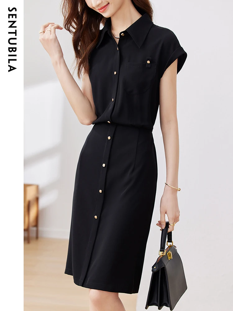 

SENTUBILA Office Ladies Black Shirt Dresses Women 2024 Summer Short Raglan Sleeve Single Breasted Elastic Waisted Slim Dress