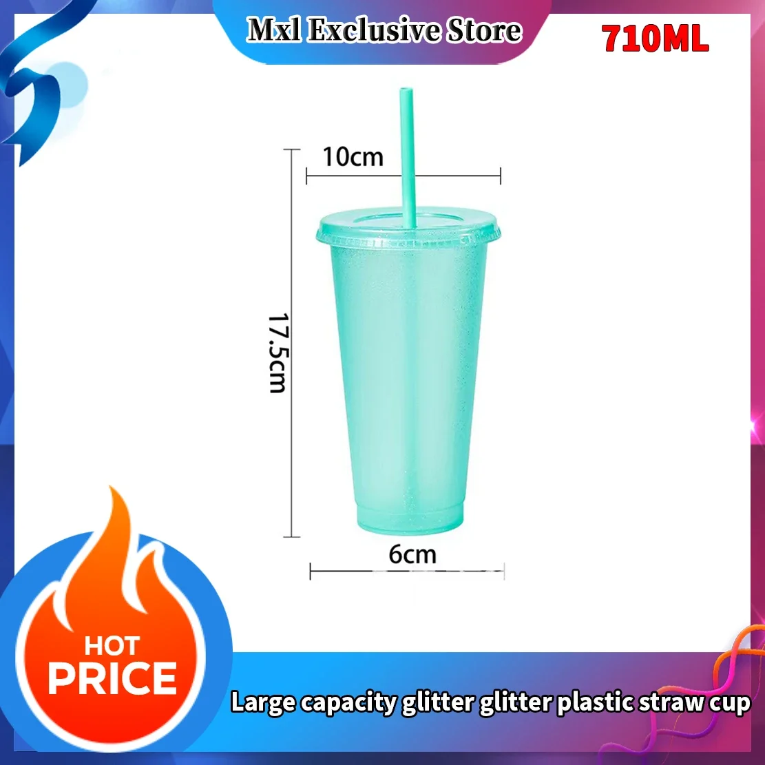 24OZ 710ML glitter straw cup large capacity PP single-layer plastic cup 710ml glitter beverage mug with straw