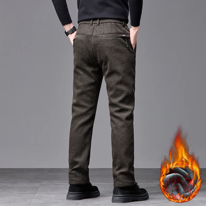 Men's Winter Fleece Elastic Casual Pants Thick Warm Soft Business Stretch Slim Trousers Streetwear Fashion Korean Brand Clothes