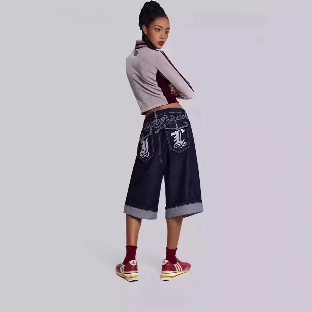 Jaded London Dames Geborduurde Wijde Pijpen Jeans Veelzijdig Gedrukt Capri Orts Casual Comfortabele Denim Broek Zomer 2024