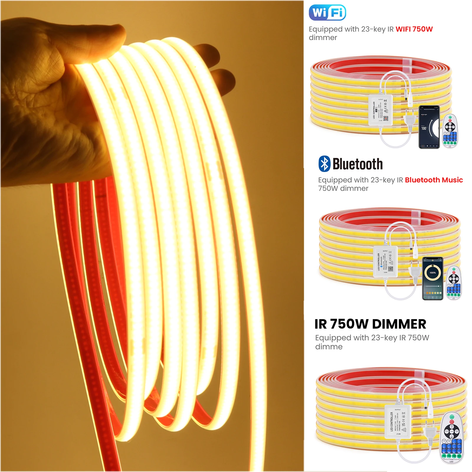 

WIFI Bluetooth Dimmer AC 220V COB LED Strip Waterproof Outdoor Lamp 288Leds/M Self-adhesive Flexible LED Tape Neon Light 1M-35M