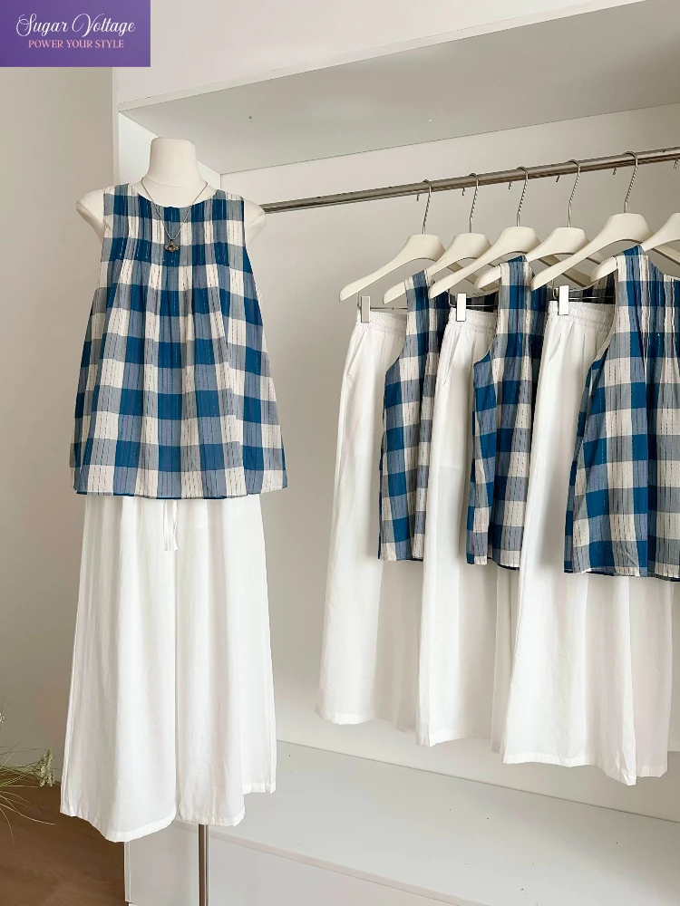 Fresco elegante casual 2 peça conjunto feminino azul xadrez sem mangas cami topo + branco solto calças de perna larga verão doce moda outfit