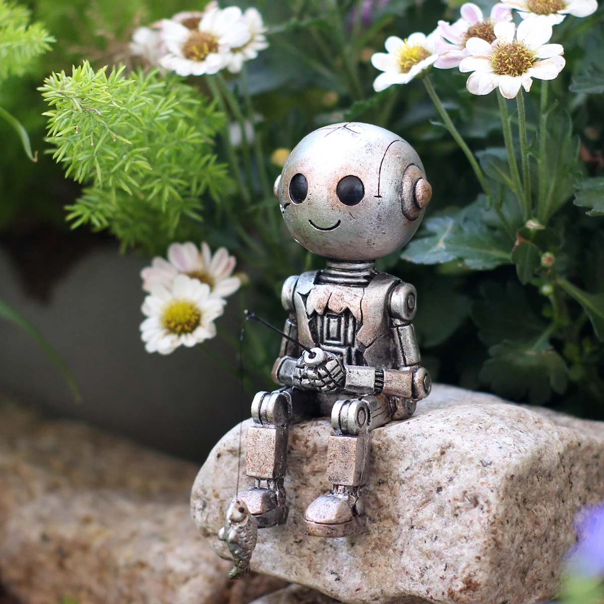 Cute Fishing Robot Figurine, Resin Miniature Fairy Garden Decor for Outdoor Patio Bonsai Pot Home Gift