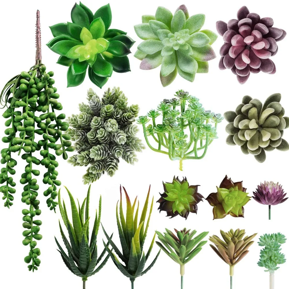 

Artificial Fake Succulent Plants Assorted Unpotted Picks Faux Aloe Cactus String of Pearls Floral Arrangement Accent 15Pcs