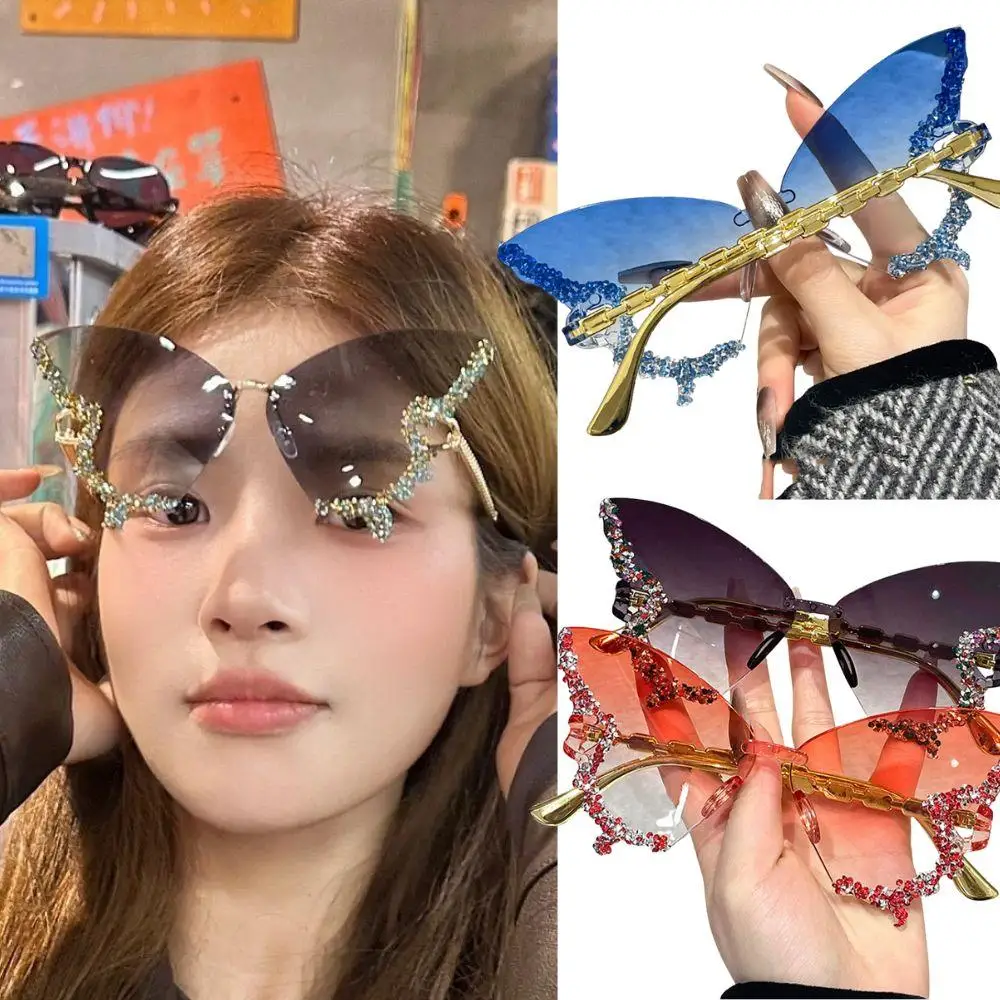 

Women's Sunglasses Rimless Butterfly Glasses With Rhinestones Oversized Bling Shiny Gradient Glasses Butterfly Sunglasses Woman