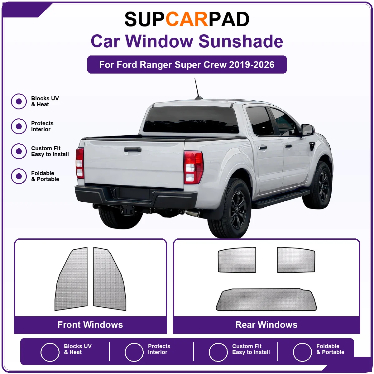 For Ford Ranger Super Crew 2019-2026 Pre‑Cut Auto Window Sunshade Anti‑UV Car Sun Visor Protector