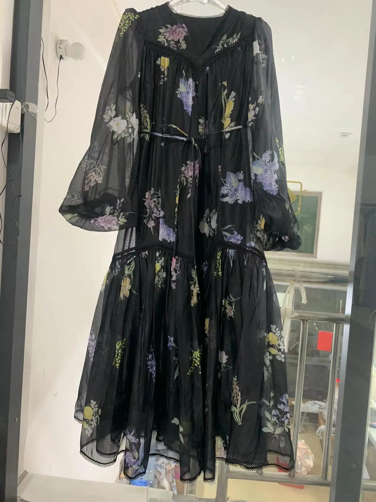 SEQINYY Elegant Midi Dress Summer Spring New Fashion Design Women Runway Lantern Sleeve Vintage Flower Print Loose Lace Casual