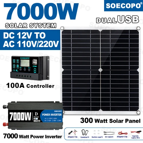 7000W インバーターキット 12V 110V220V 300W ソーラーパネル 100A コントローラー & バッテリー充電器 小屋/照明/キャンプ用、簡単な取り付け