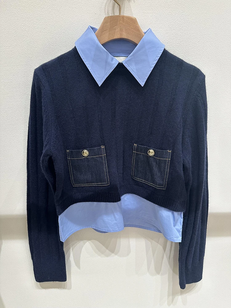 เสื้อสเวตเตอร์ไหมพรมถักแบบสองชิ้นปลอม คอปกพับ ดีไซน์ใหม่สำหรับฤดูใบไม้ร่วง แบรนด์ S Home Southern Oil คุณภาพสูงสำหรับผู้หญิง เนื้อผ้านุ่ม สวมใส่สบาย แขนยาว