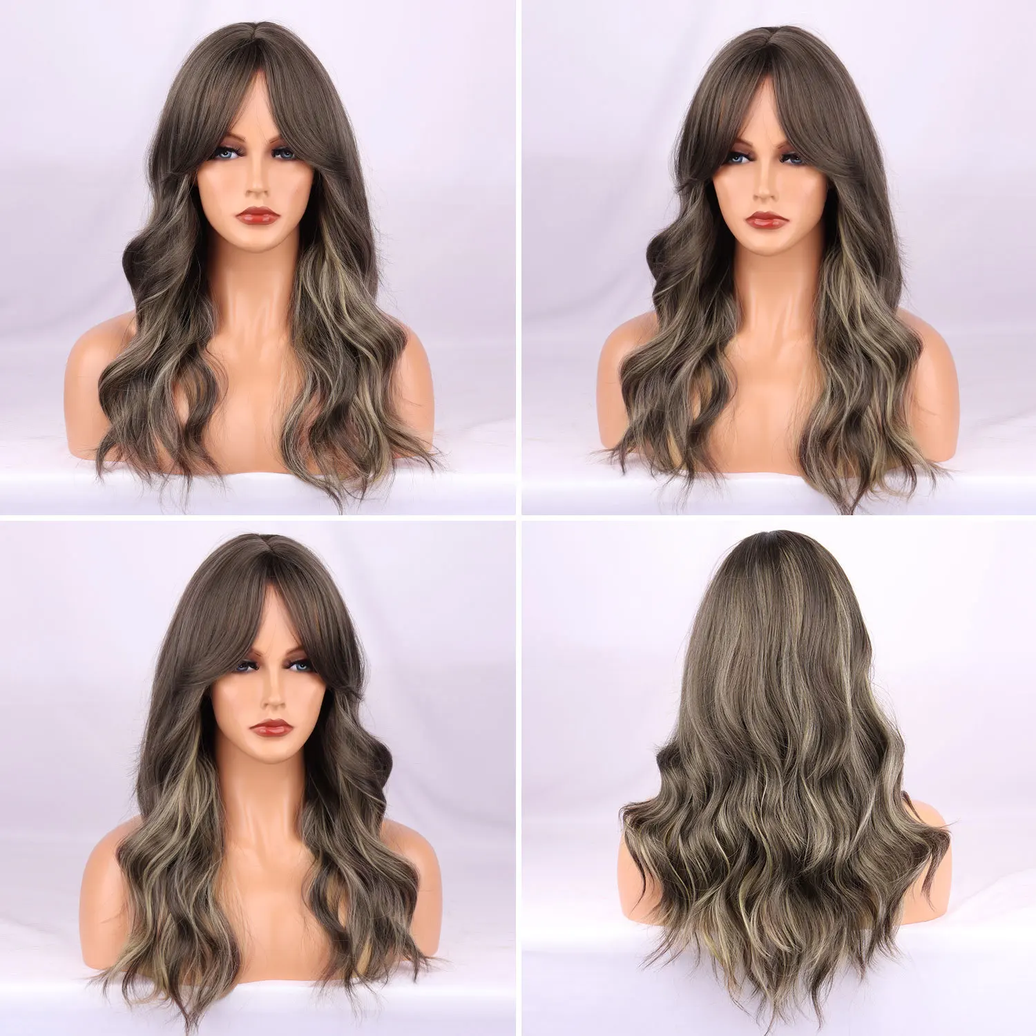 

European and American wind gradual change highlights brown eight-character bangs big waves high temperature silk long curly hair