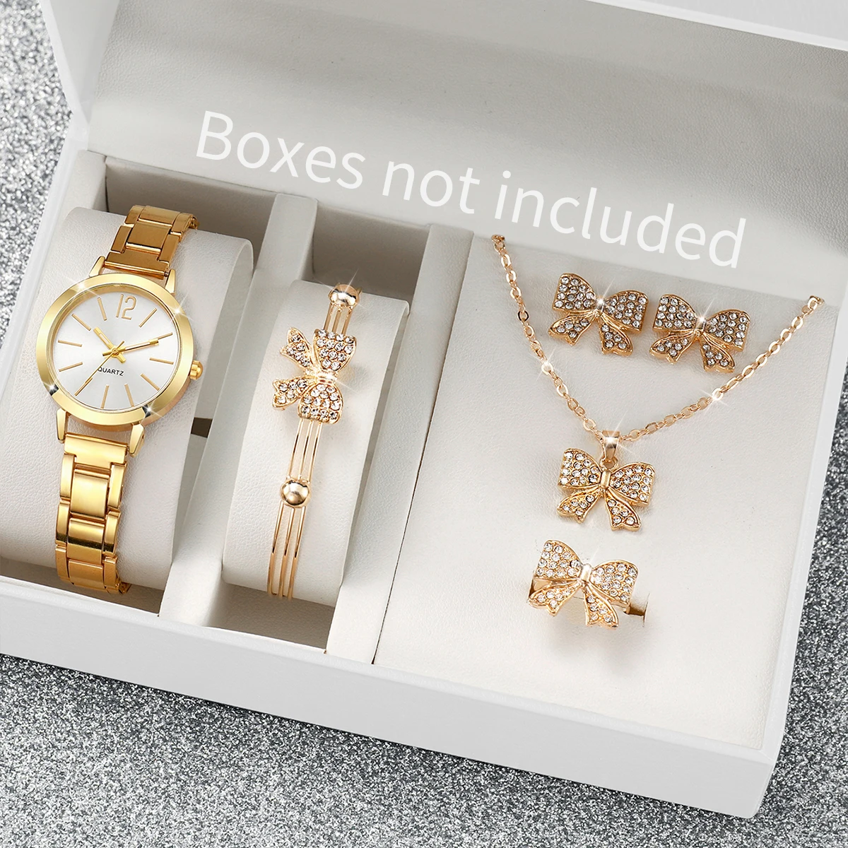 6PCS/Set Women\'s Watch Fashion Gold Steel Band Quartz Watches Rhinestone Bowknot Jewelry Set（Without Box）