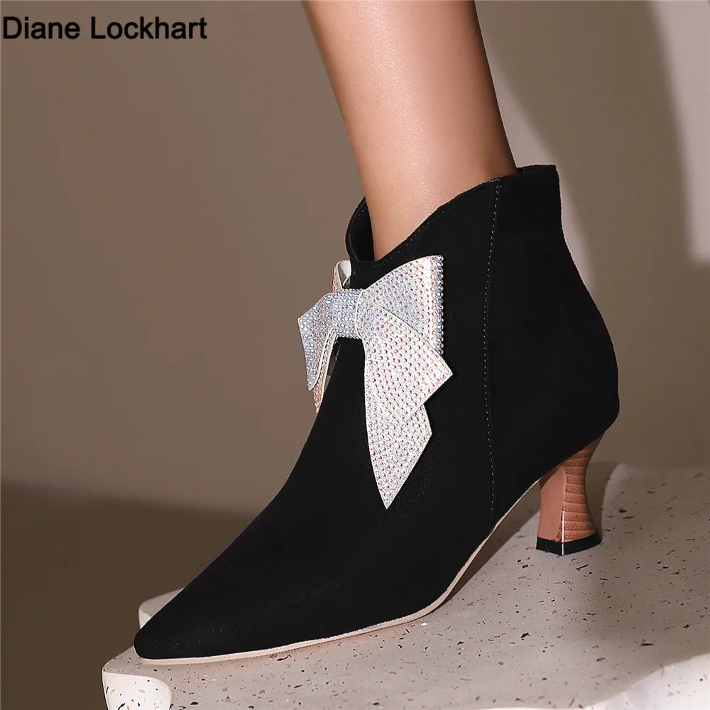 

Women Bow Boots 2024 New High Quality Pointed Toe Women's Ankle Boots Comfortable Low Heel Commuting Office Ladies Shoes Black