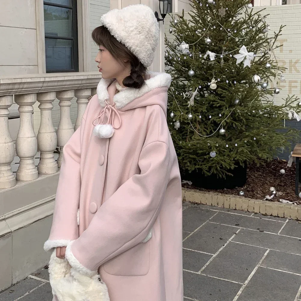 Coalfell Japanese Sweet Girls College Style Woolen Coat 2023 Winter Soft Glutinous Fur Edge Medium Length Woolen Coat Coat Girl