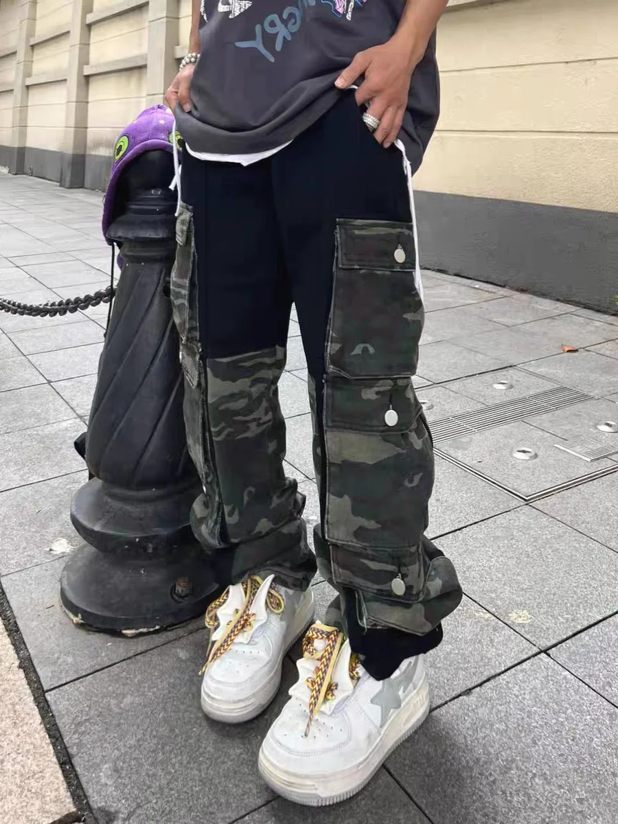 

Американские джинсы-карго в стиле High Street с камуфляжным принтом, прямые, свободные, с эффектом похудения, унисекс, модные