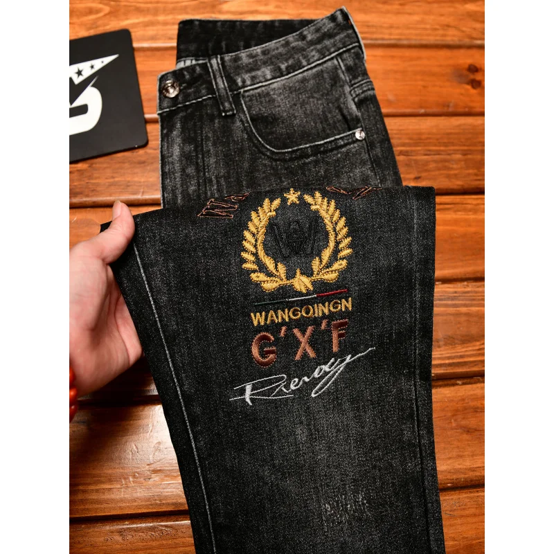 

High end embroidered printed light luxury jeans men in autumn,, small feet, casual trend, black gray pants