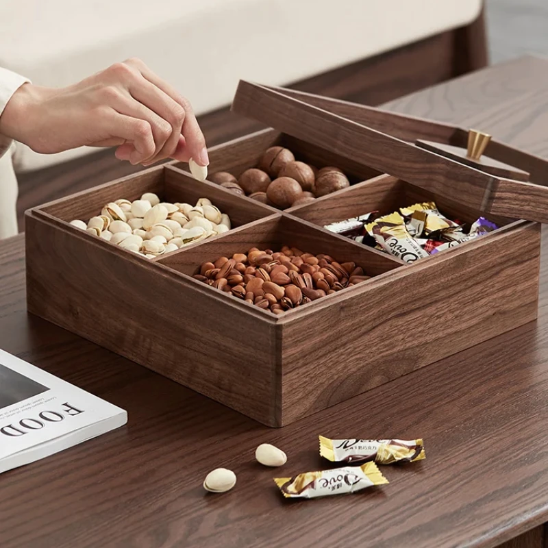 Solid Wood Fruit Box Elegant Candy Holder Nut and Dried Snack Compartment with Lid Dining Table Centerpiece Rustic Dining