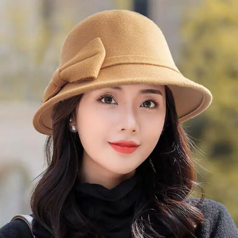 Vintage Women Bucket Cap Winter Warm Bow Woolen Felt Fedoras Cap Ladies Dome Felt Wedding Church Jazz Caps Bowler French Spring