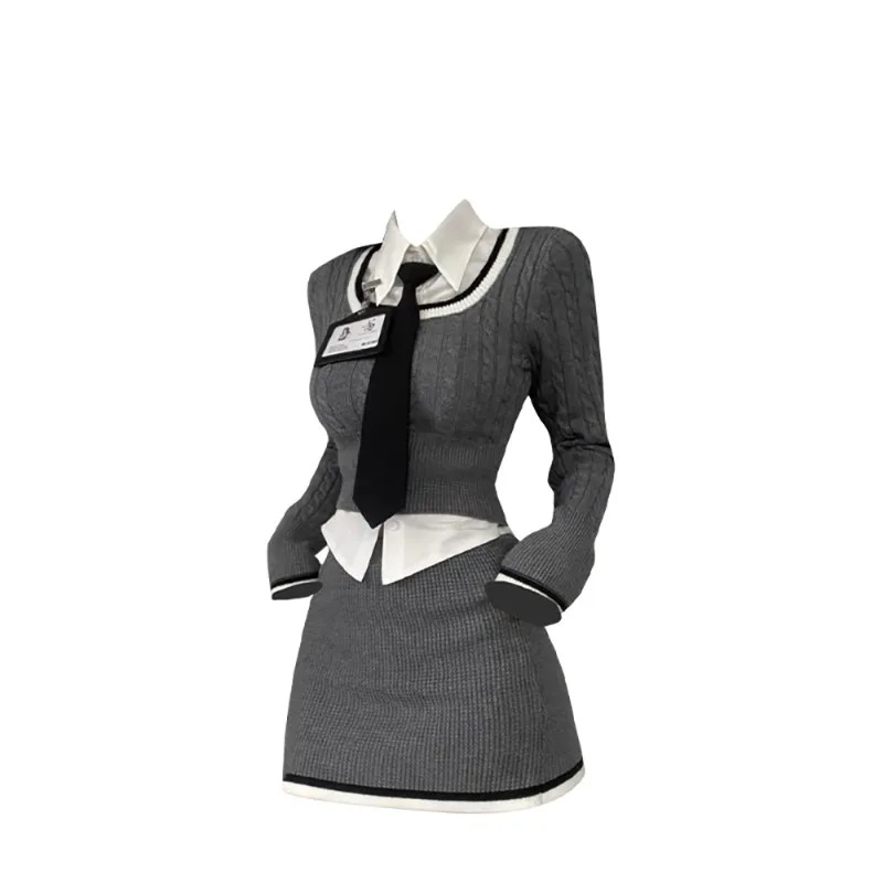 Fashion Turn Down Collar Sexy Vintage  Women Blouse + Slim All Match Sweaters  Conttrast Color Skirts New 2 Set Ropa Mujer