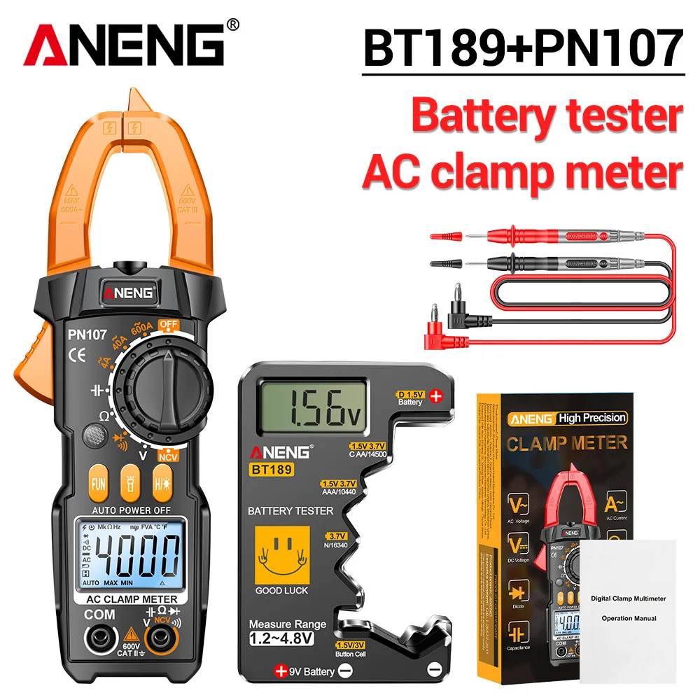 ANENG PN107 Digitale Stroomtang Multimeter Tester 600A Wisselstroom AC/DC Spanning + BT189 Batterij Detector Elektricien Gereedschap Kit