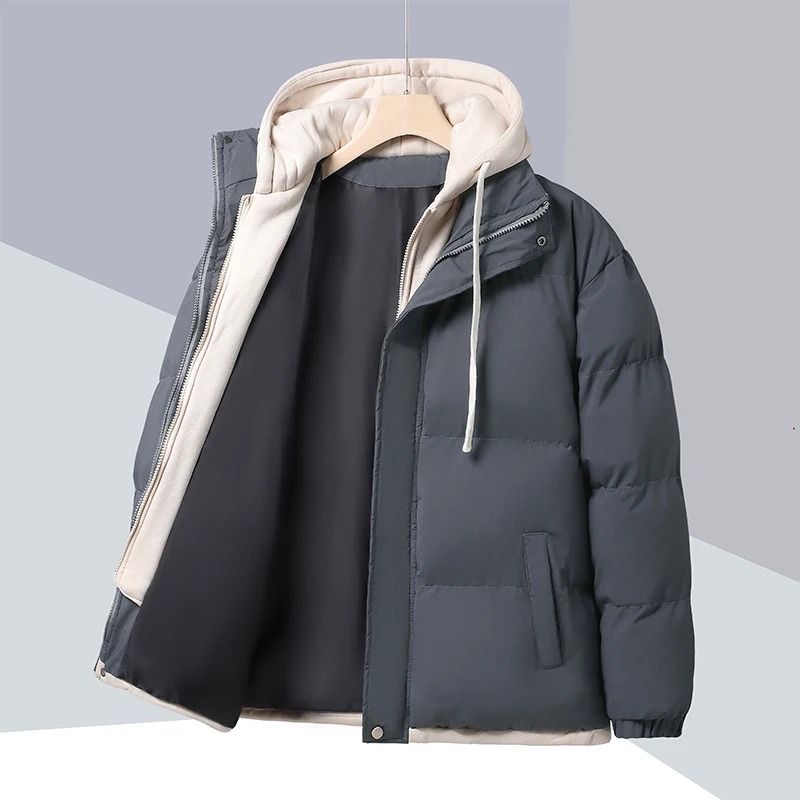 Patchwork Hooded Puffer Jackets Mens Thick Warm Winter Jacket Men Cotton Padded Windproof Parkas Fake Two Piece Coats Outwear