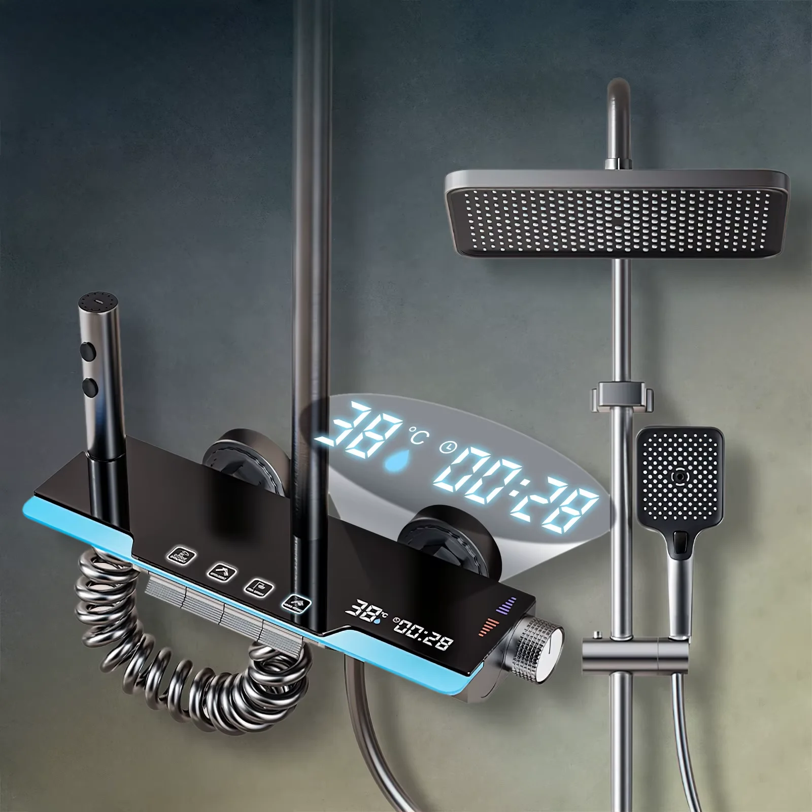 Graues Duschsystem mit Klaviertasten-Design, mehreren Wasserstrahlmodi und 4 Funktionen, digitale Anzeige