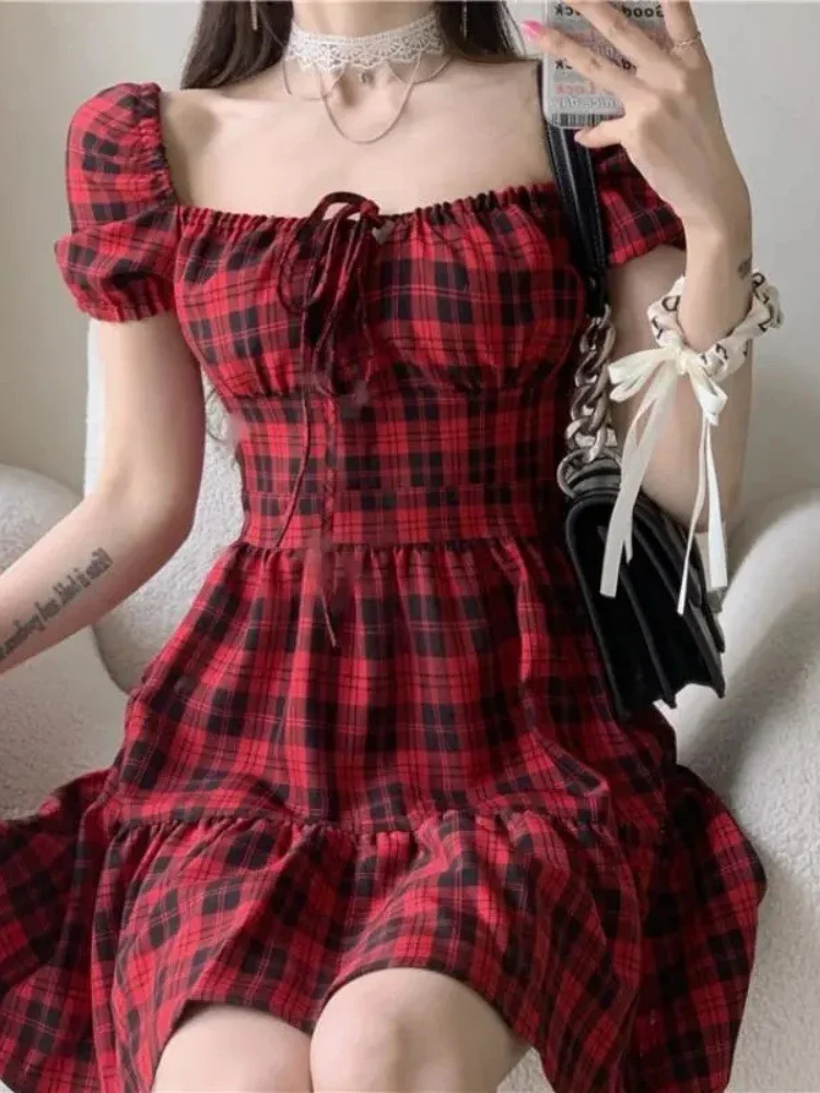 

Vintage Lolita Plaid Dress French Elegant Woman Square Neck Bow Slim Fairy Dress Sweet Woman Courtly Style Sweet Girl Dress