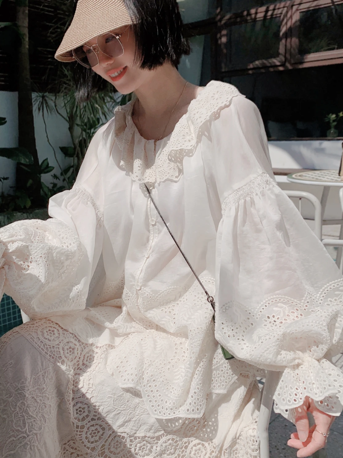 TIYIHAILEY Primavera Estate Ramie Top Donna Manica lunga a lanterna Tees Camicie stampate sottili Allentate 2 pezzi con usura interna Nuovo scollo a V