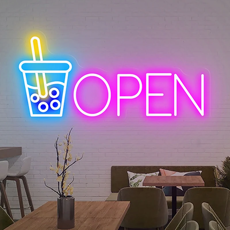 Boba Tea with Open Neon Sign Bubble Tea Custom Business Logo Neon Lights Shop Bar Club Decor Wall Art Decorative Led Light Signs