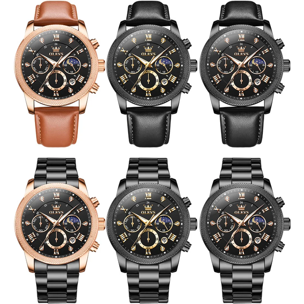 Olevs topo fase da lua cronógrafo relógios masculinos luminosos pulseira de couro à prova dwaterproof água relógio de quartzo original para homem marca relógio de pulso