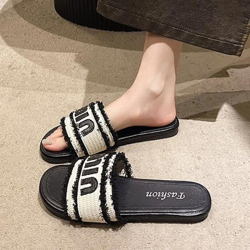 Women's Flat Slides Open Toe Frayed Texture Slip on Casual Summer Daily Footwear for Ladies Comfortable Indoor Outdoor Slides