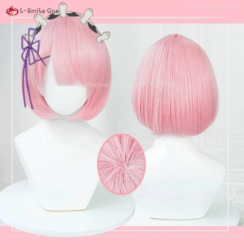 Rem/Ram คอสเพลย์วิกผม 30 ซม.สีฟ้า/สีชมพูวิกผมคอสเพลย์อะนิเมะคอสเพลย์วิกผมสังเคราะห์ทนความร้อนผมฮาโลวีน + หมวกวิกผม