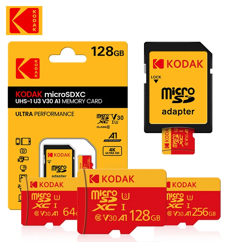 KODAK Micro SD Card U3 V30 128GB 256GB 64GB 4K High Speed TF Card for Phone Camera Drone Original TYPE-C Reader