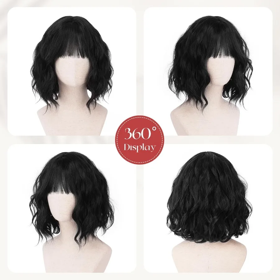 شعر مستعار أسود قصير مموج بطول 12 بوصة، شعر مستعار بوب مجعد بطول الكتف مع غرة للنساء، باروكات شعر صناعية ناعمة للاستخدام اليومي والجزء #4