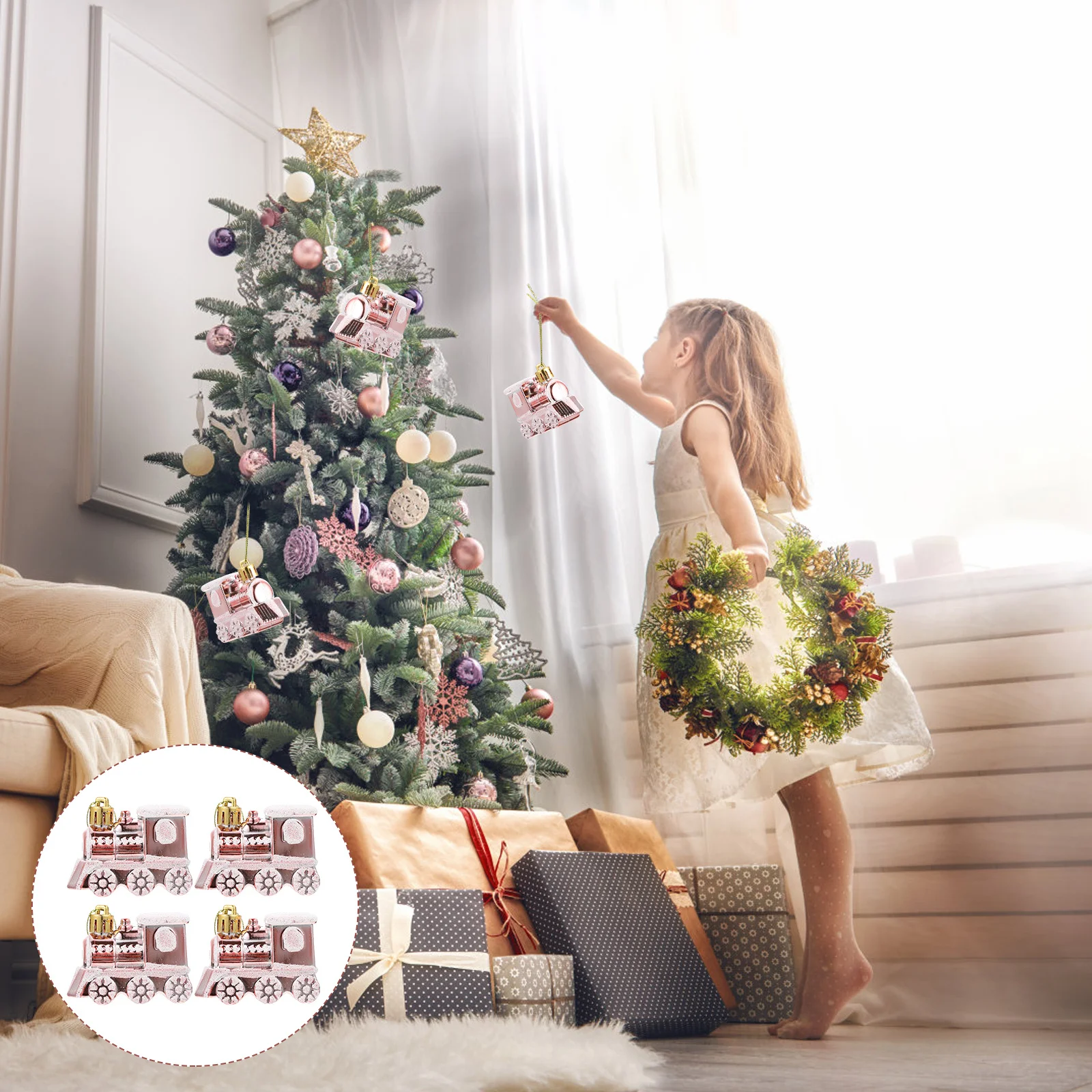 

4Pcs Small Car Ornaments Cute Cartoon Train Hanging Decor for Christmas Tree Xmas Party Home Shop Bar Decoration