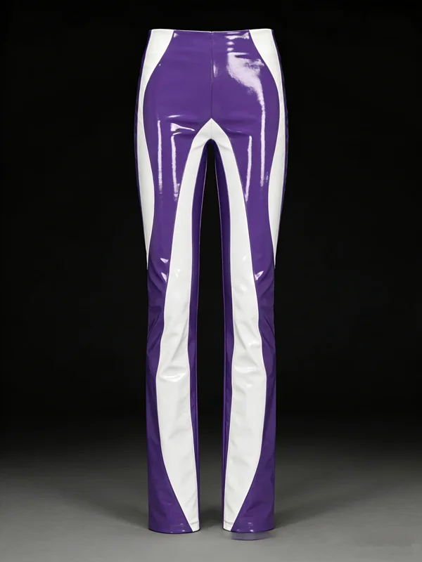 

Фиолетово-белые латексные брюки-клеш – идеально подходят для киберпанк-косплея, рейвов и фотосессий.