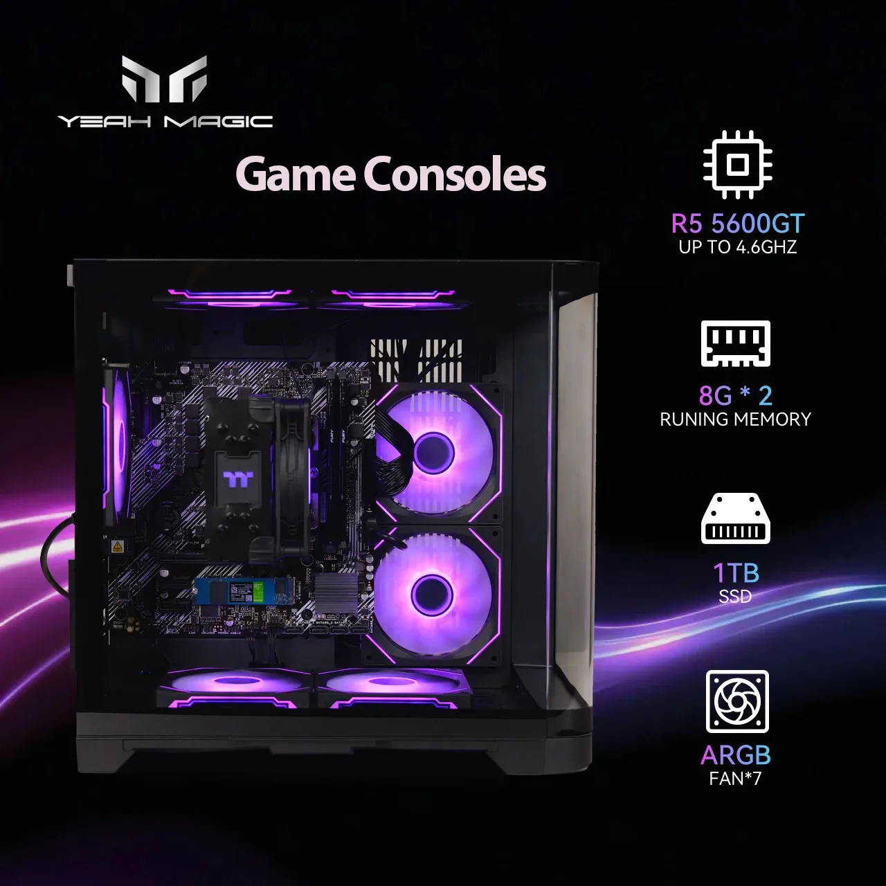 YEAH MAGIC Game Consoles AMD Ryzen 5 5600GT 3.9GHz 16GB(8G*2) DDR4 3200 1T NVME SSD ARGB 7 Fans Win 11 Home Gamer Desktop WIFI6