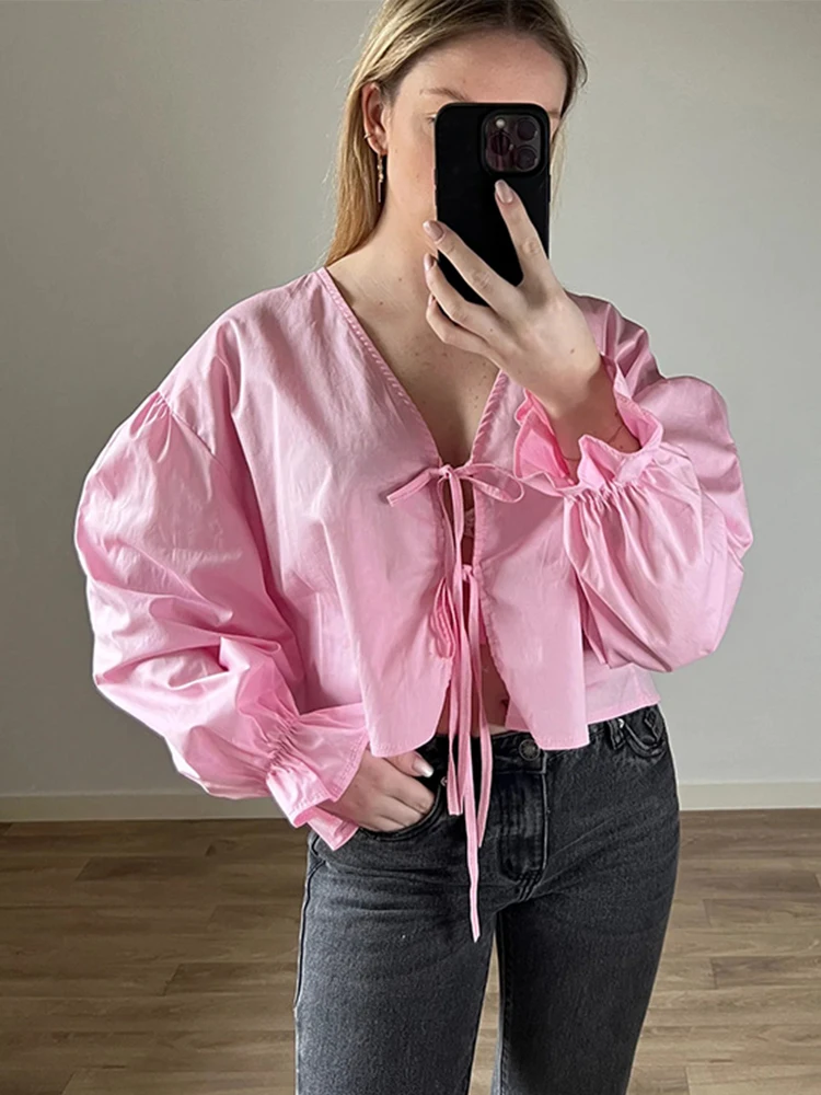 

Bandage Shirts For Women Casual Lace Up Bow Pink V Neck Hollow Out Female Blouse 2025 New Chic Summer Autumn High Streetwear Top