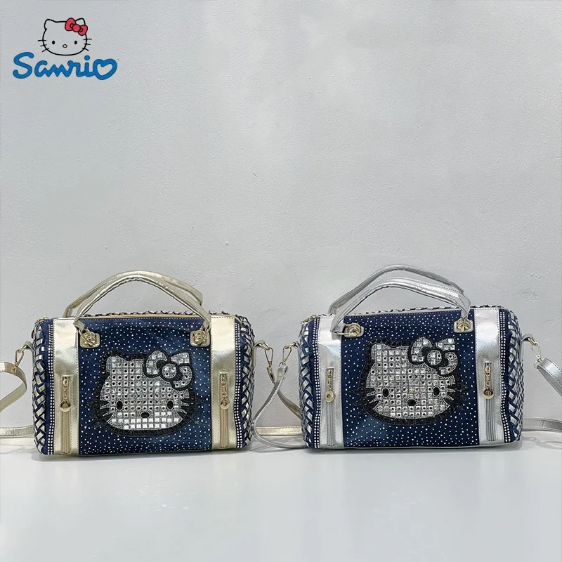 New Sanrio Hello Kitty Denim Canvas Studded Bag Woven Portable Diagonal Bag Large Cartoon Character Bag Girl's Birthday Present