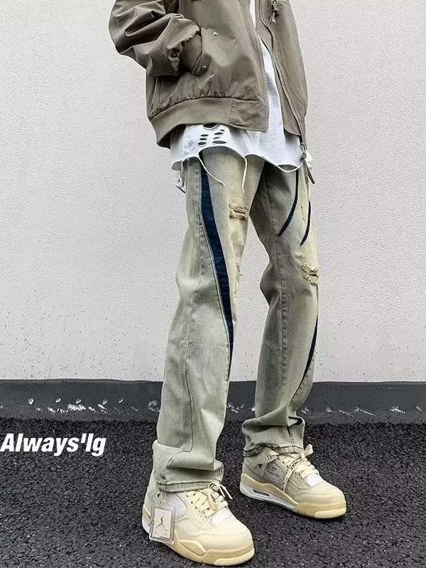 

Retro American Hole Denim Jeans Men's Trendy Handsome High Street INS Loose Straight High Waist Jeans Casual Straight Leg Lon...