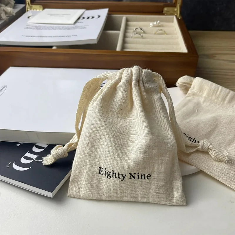 custom logo cotton canvas fabric muslin drawstring bag with printed canvas dust gift earing ring jewelry bag Wedding favor