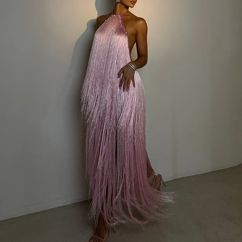 Senhora sexy sem costas fino ajuste franja vestido casual cintura alta vestido de noite vestido longo rosa halter pescoço oco para fora vestido sem mangas