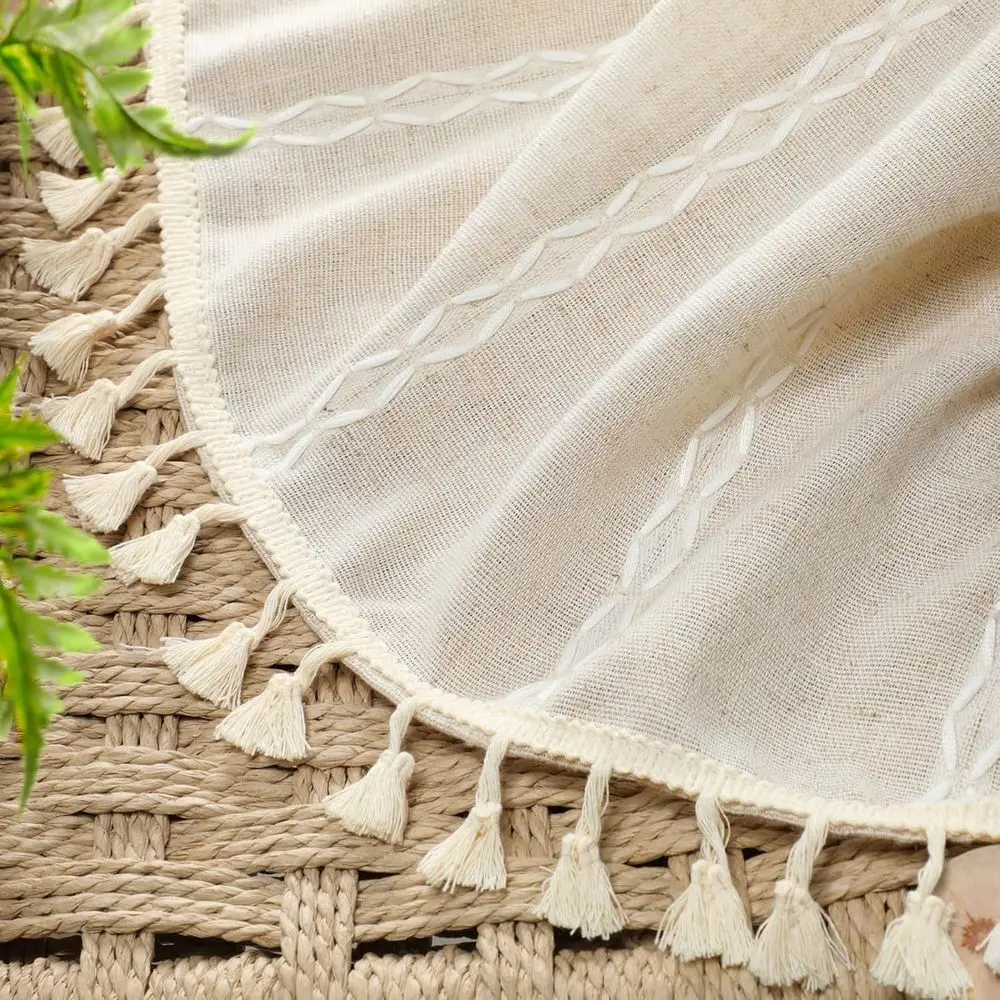 Boho-Vorhänge aus beigem Leinenmischung, 90er lang, mit Quasten und Stickerei, Bauernhaus-Stil für Wohnzimmer/Schlafzimmer