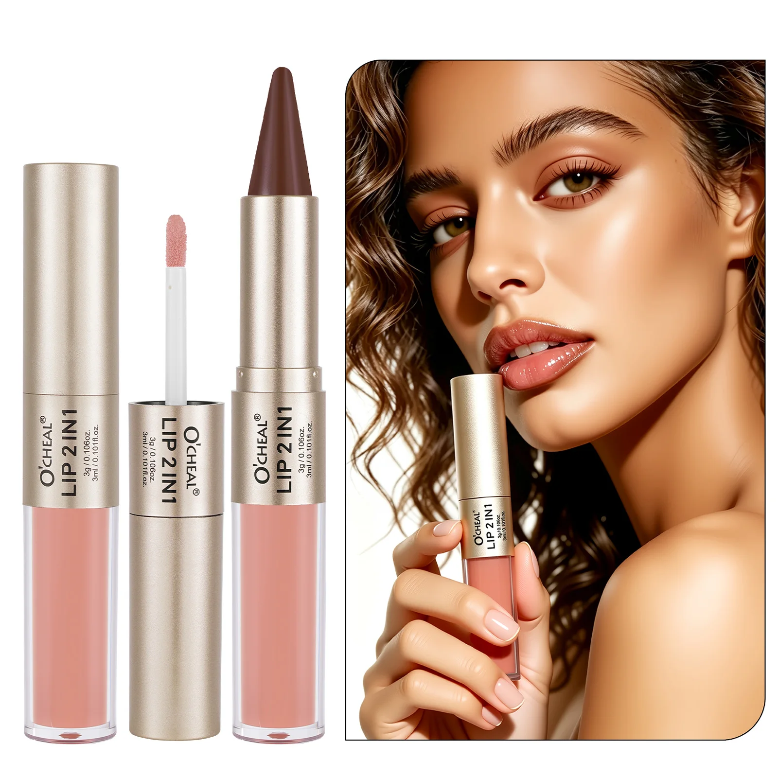 OCHEAL Dual-Ended 2-In-1 Lip Gloss Waterproof Matte Lipstick Smooth Lip Liner Outline Crayon Shiny Non-stick Cup Lip Gloss
