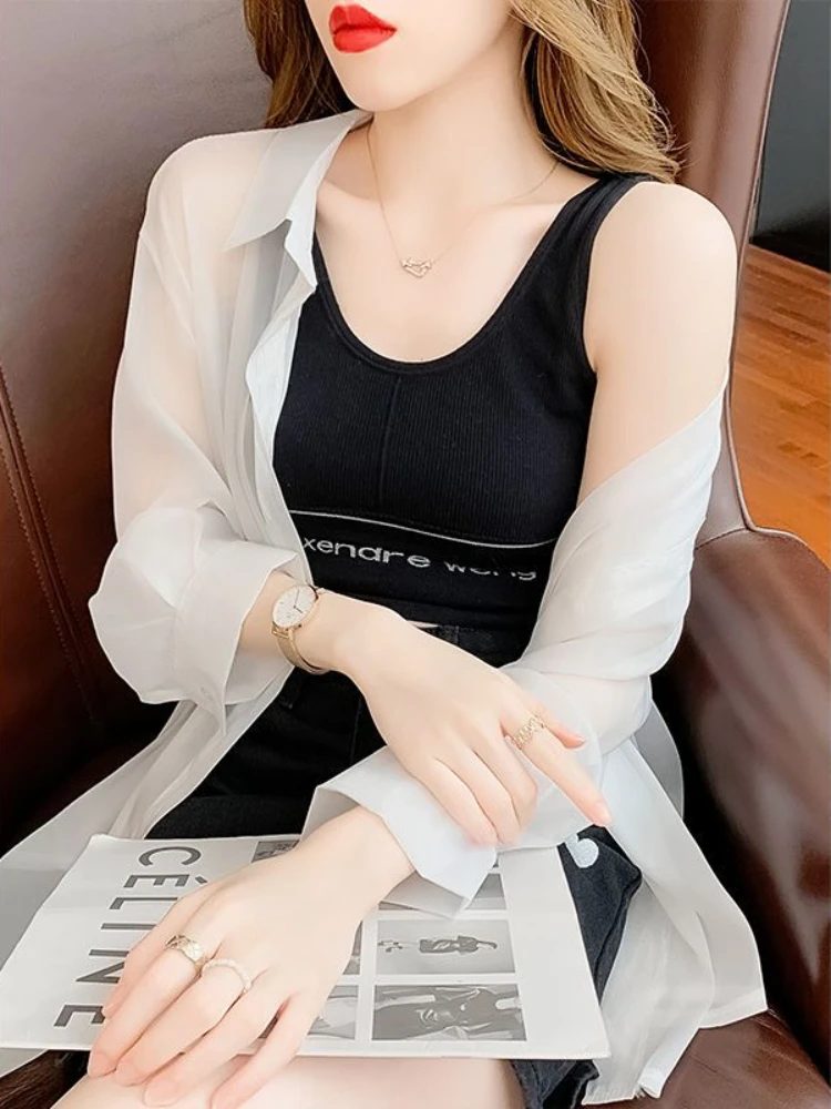 Women\'s Shirt And Blouse Full Long Sleeve Summer Transparent See-through Button Up Loose Female Tops Aesthetic Hot Promotion S