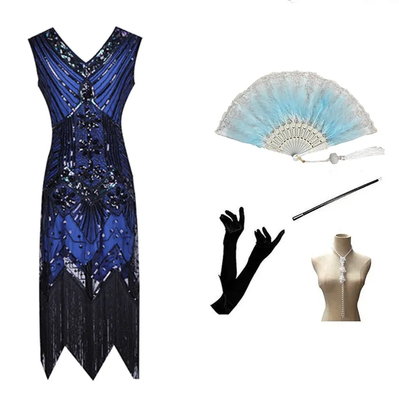 Retro 920s Gatsby Dance Par Evening Dr Doble V-ne Lentejuelas Borla Dr Mujer Faion Colección Primavera Poliéster
