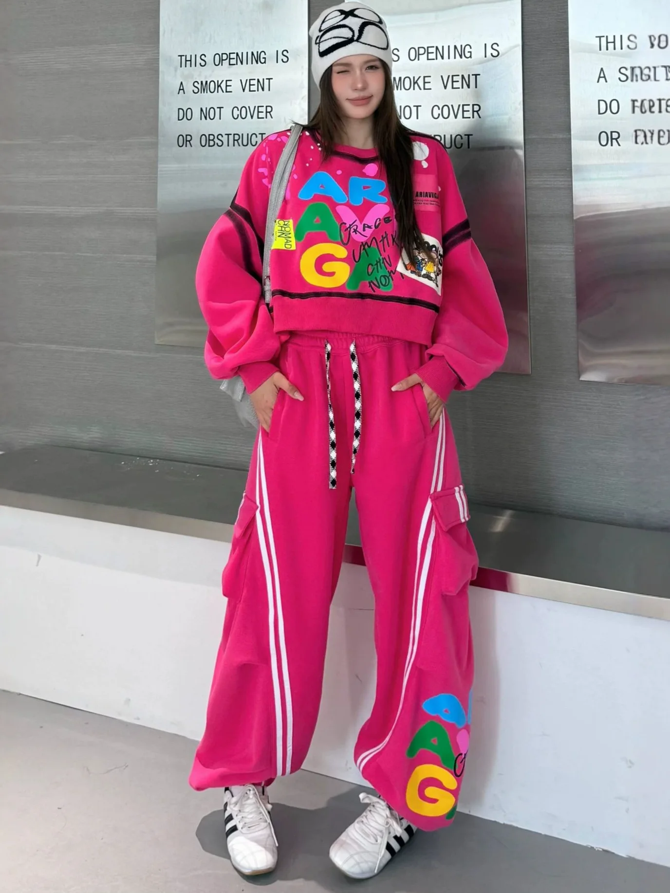 American Retro Color Block Lazy Cartoon High Waist round Neck Sweatshirt Large Pocket Workwear Pants Two Piece Set Women's Ca...
